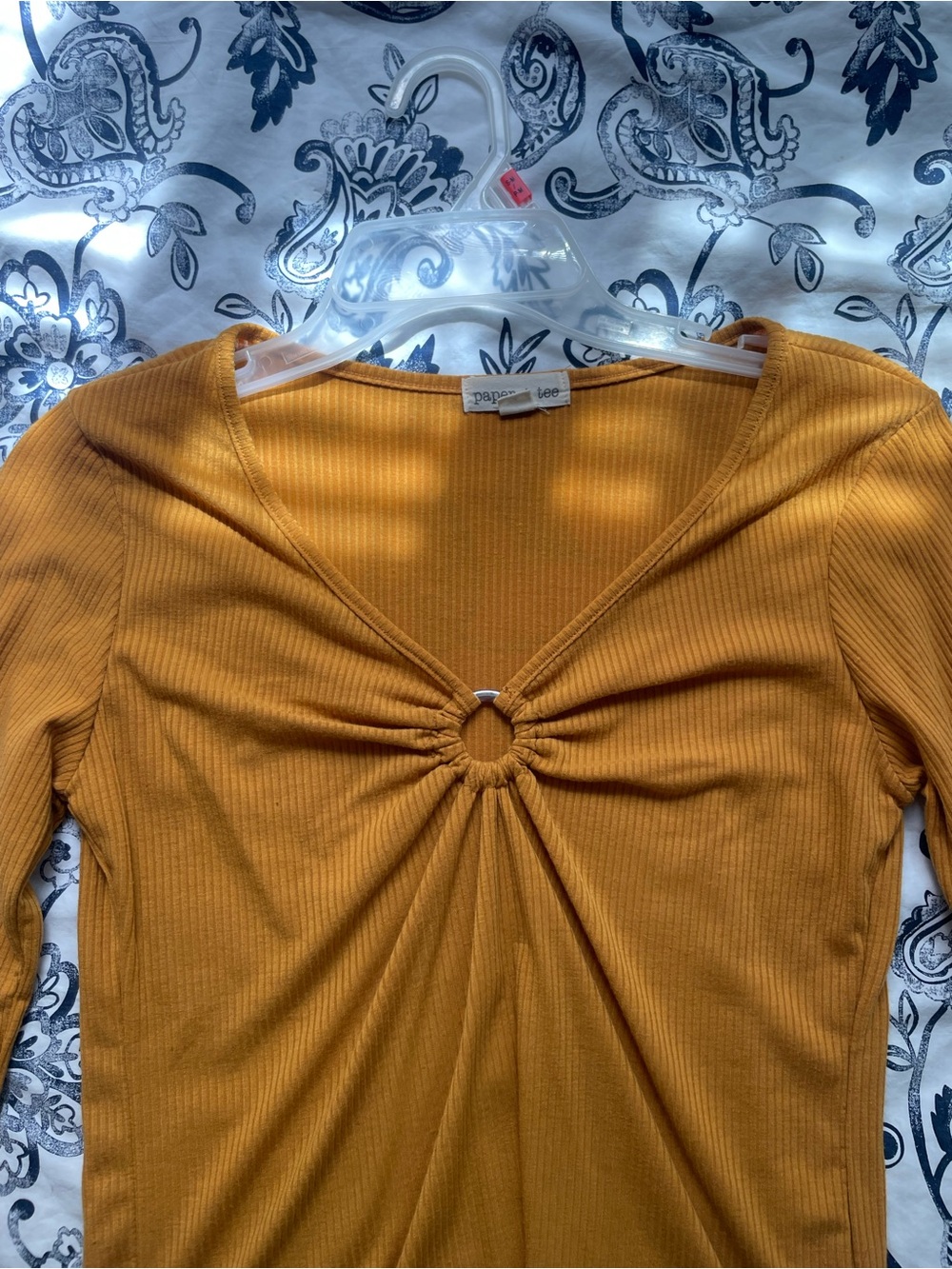 paper + tee Mustard Rib-Knit V-Neck Twist-Ring Top